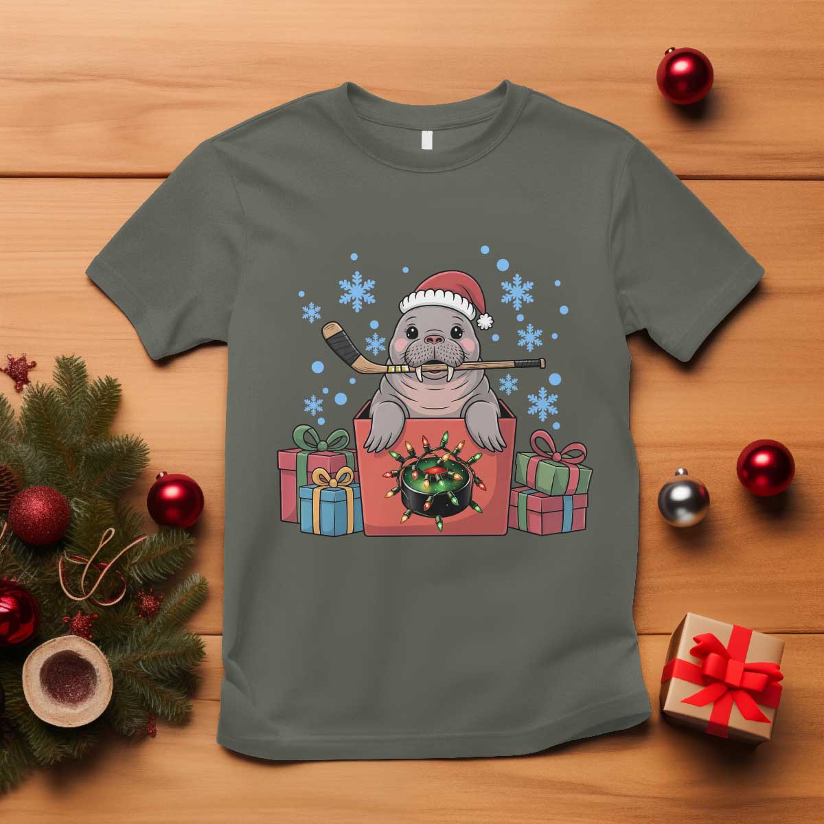 Santa Seal Playing Ice Hockey T Shirt Funny Christmas Gift TS12 Military Green Print Your Wear