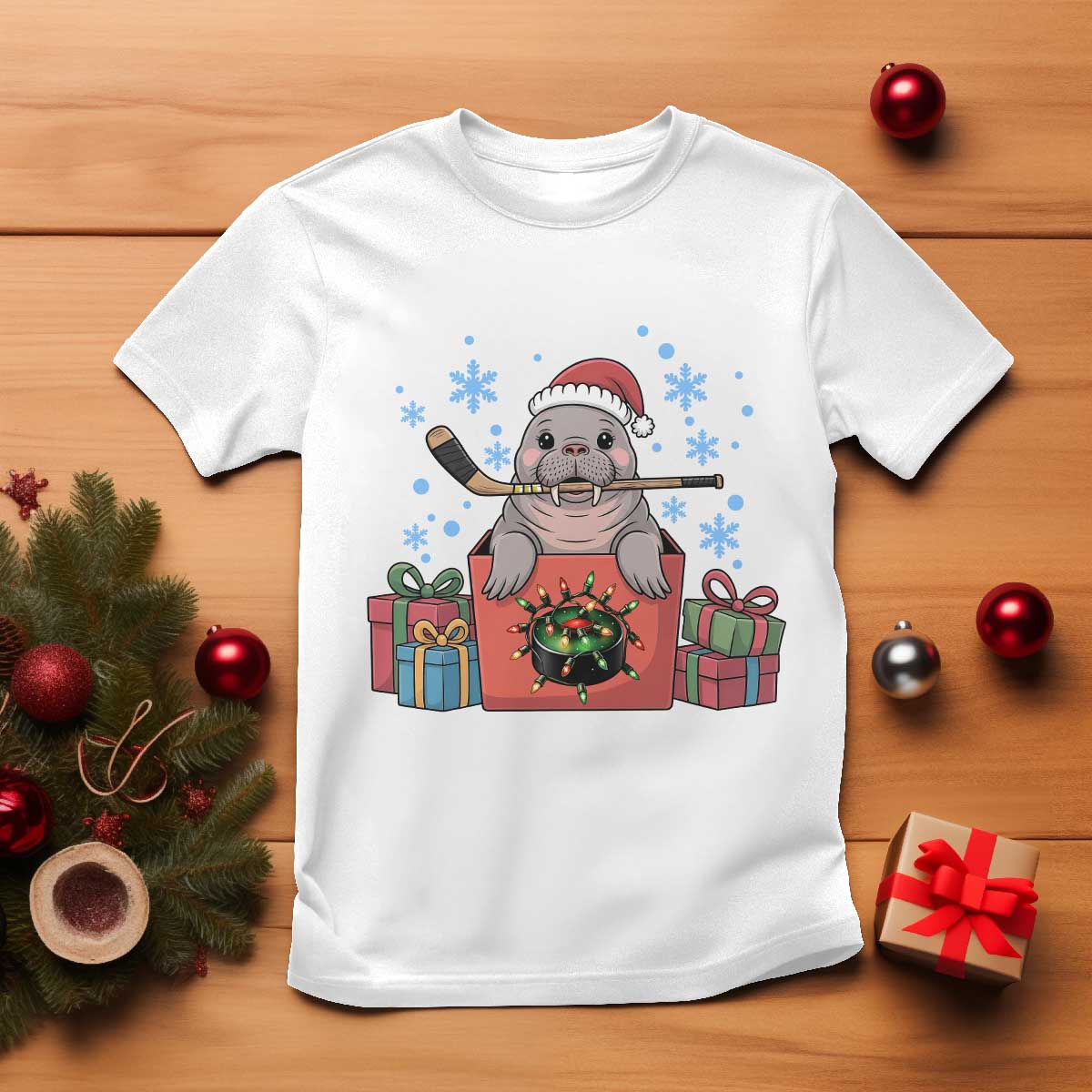 Santa Seal Playing Ice Hockey T Shirt Funny Christmas Gift TS12 White Print Your Wear