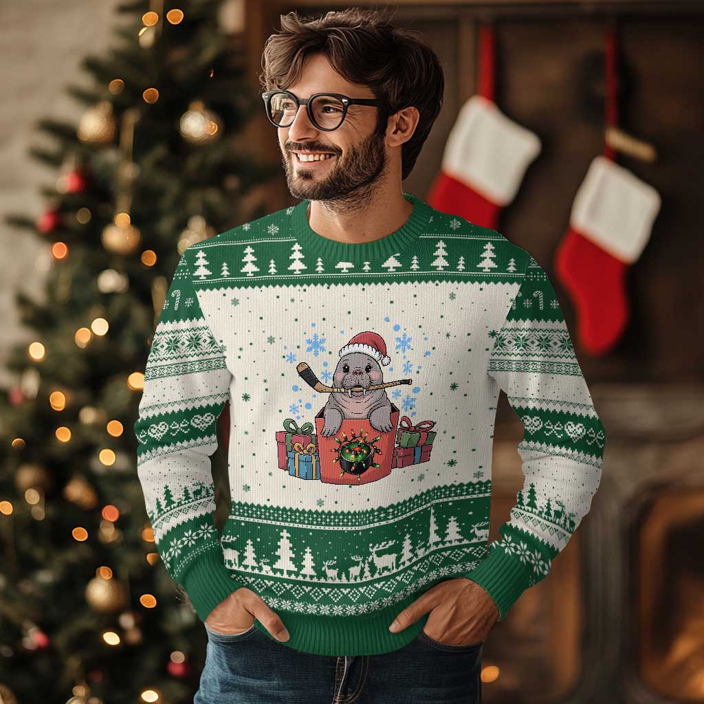 Santa Seal Playing Ice Hockey Ugly Christmas Sweater Funny Xmas Gift TS12 Beige Green Print Your Wear