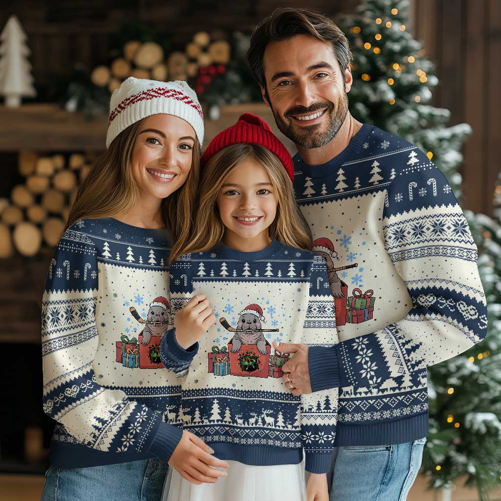 Santa Seal Playing Ice Hockey Ugly Christmas Sweater Funny Xmas Gift TS12 Beige Navy Print Your Wear