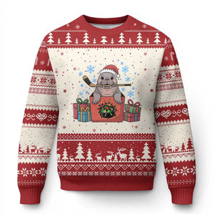 Santa Seal Playing Ice Hockey Ugly Christmas Sweater Funny Xmas Gift TS12 Beige Red Print Your Wear