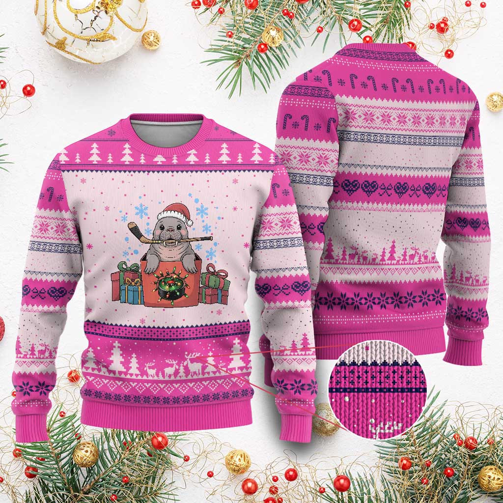 Santa Seal Playing Ice Hockey Ugly Christmas Sweater Funny Xmas Gift TS12 Hot Pink Print Your Wear