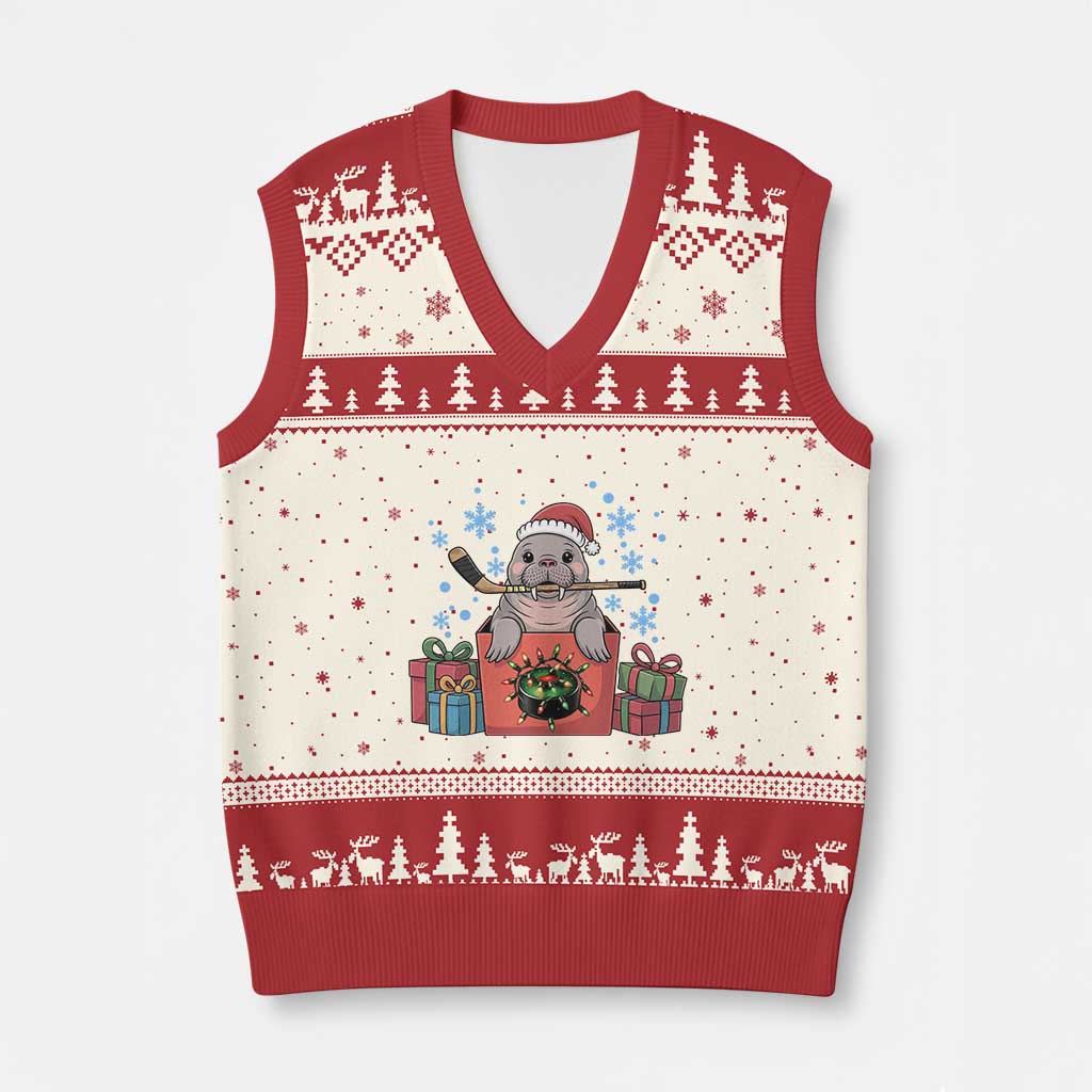 Santa Seal Playing Ice Hockey V-Neck Knit Sweater Vest Funny Xmas Gift TS12 Beige Red Print Your Wear
