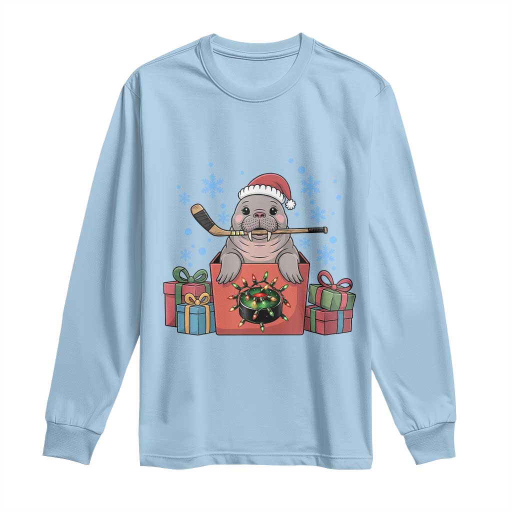 Santa Seal Playing Ice Hockey Long Sleeve Shirt Funny Christmas Gift TS12 Light Blue Print Your Wear
