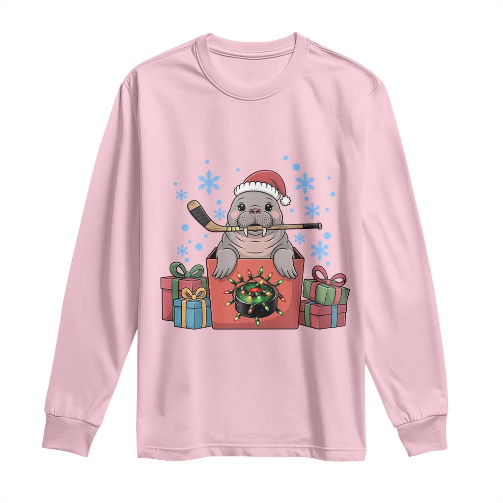 Santa Seal Playing Ice Hockey Long Sleeve Shirt Funny Christmas Gift TS12 Light Pink Print Your Wear