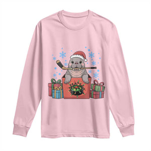 Santa Seal Playing Ice Hockey Long Sleeve Shirt Funny Christmas Gift TS12 Light Pink Print Your Wear