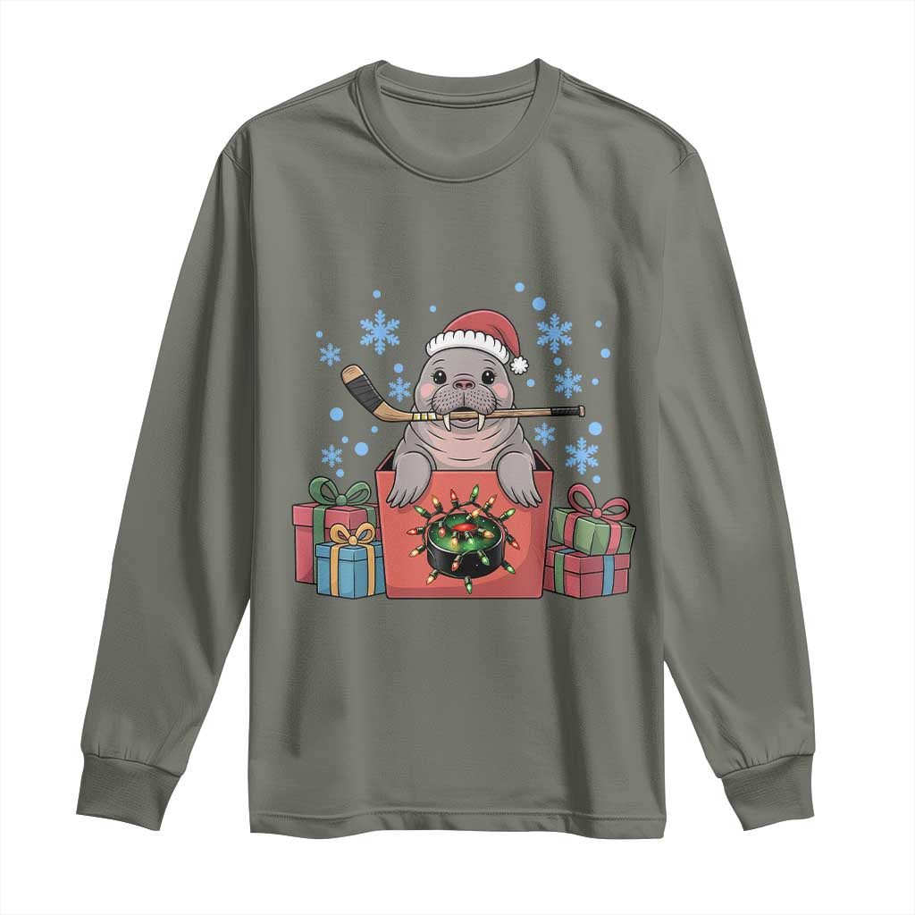 Santa Seal Playing Ice Hockey Long Sleeve Shirt Funny Christmas Gift TS12 Military Green Print Your Wear