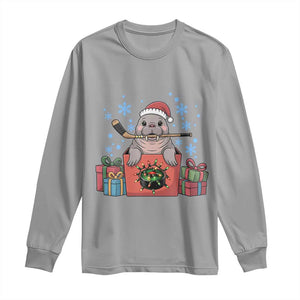Santa Seal Playing Ice Hockey Long Sleeve Shirt Funny Christmas Gift TS12 Sport Gray Print Your Wear