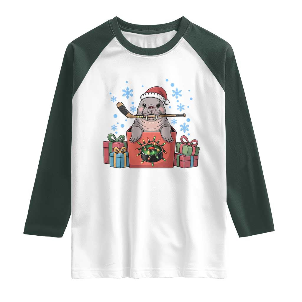 Santa Seal Playing Ice Hockey Raglan Shirt Funny Christmas Gift TS12 White Dark Forest Green Print Your Wear