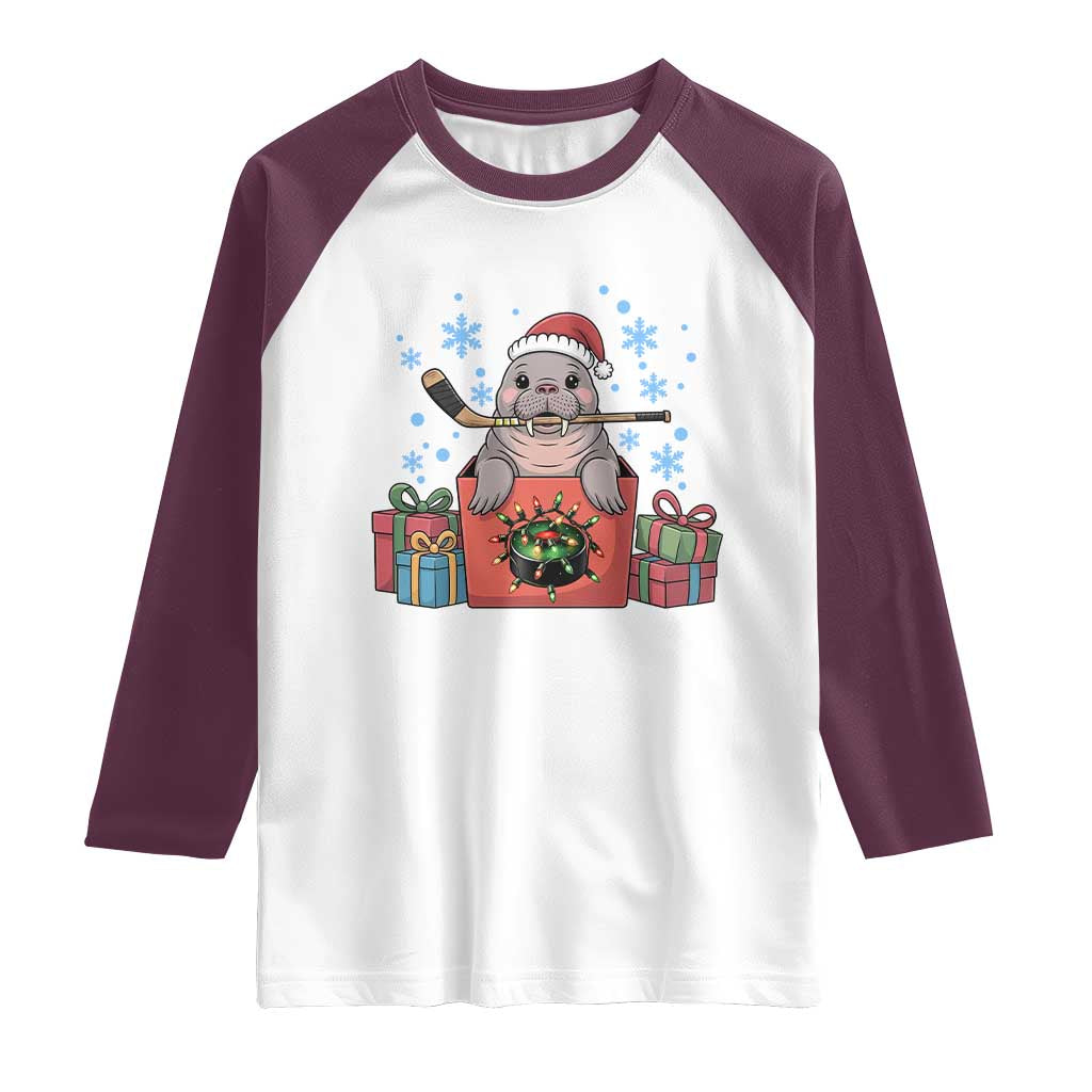 Santa Seal Playing Ice Hockey Raglan Shirt Funny Christmas Gift TS12 White Maroon Print Your Wear