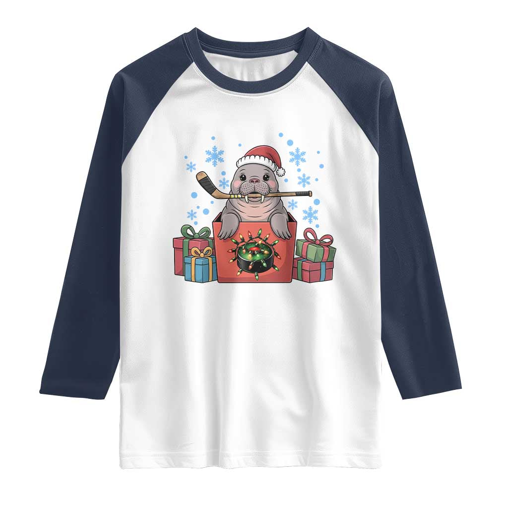 Santa Seal Playing Ice Hockey Raglan Shirt Funny Christmas Gift TS12 White Navy Print Your Wear