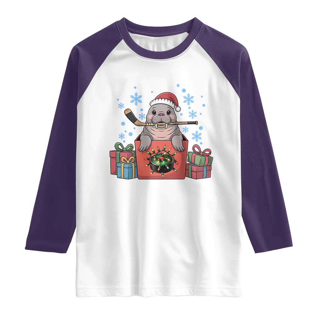 Santa Seal Playing Ice Hockey Raglan Shirt Funny Christmas Gift TS12 White Purple Print Your Wear