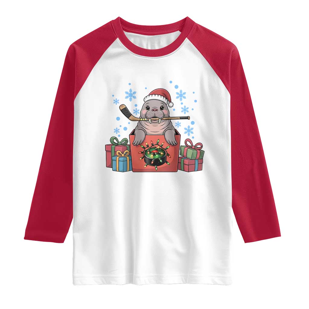Santa Seal Playing Ice Hockey Raglan Shirt Funny Christmas Gift TS12 White Red Print Your Wear