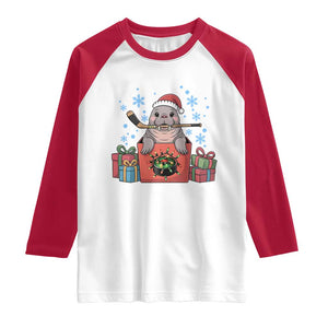 Santa Seal Playing Ice Hockey Raglan Shirt Funny Christmas Gift TS12 White Red Print Your Wear