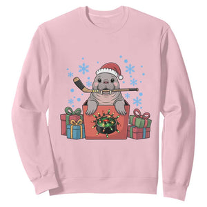 Santa Seal Playing Ice Hockey Sweatshirt Funny Christmas Gift TS12 Light Pink Print Your Wear