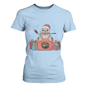 Santa Seal Playing Ice Hockey T Shirt For Women Funny Christmas Gift TS12 Light Blue Print Your Wear