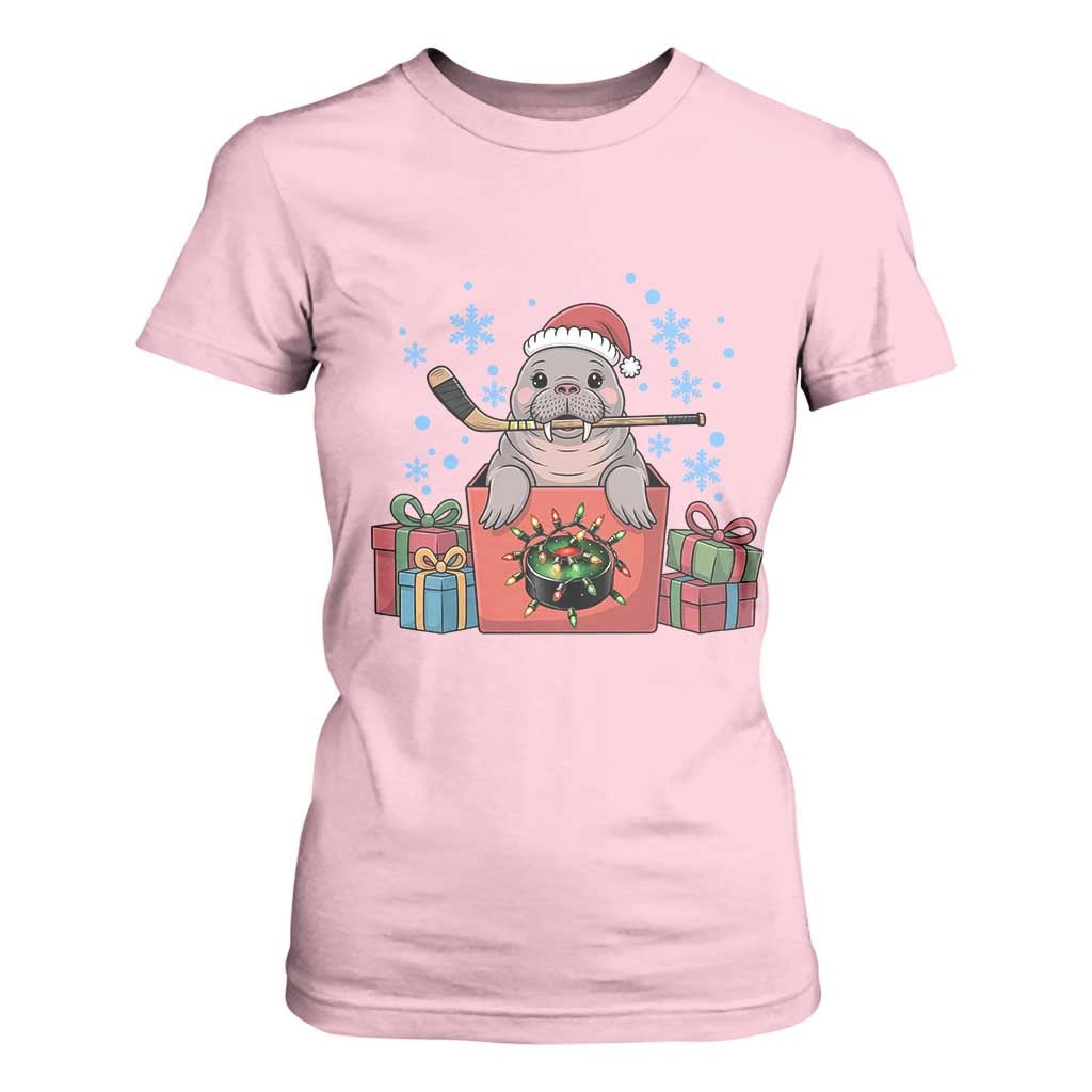 Santa Seal Playing Ice Hockey T Shirt For Women Funny Christmas Gift TS12 Light Pink Print Your Wear