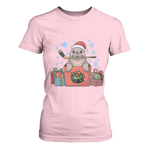 Santa Seal Playing Ice Hockey T Shirt For Women Funny Christmas Gift TS12 Light Pink Print Your Wear