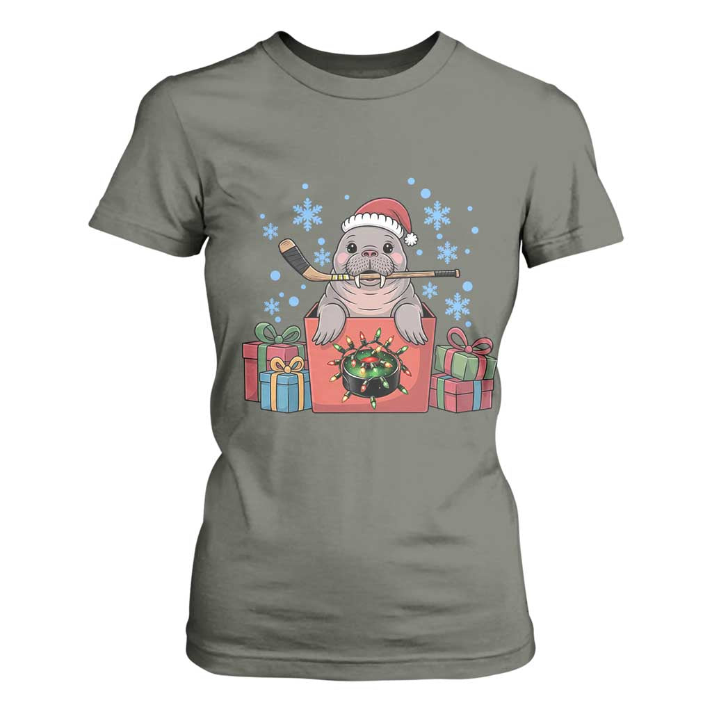Santa Seal Playing Ice Hockey T Shirt For Women Funny Christmas Gift TS12 Military Green Print Your Wear