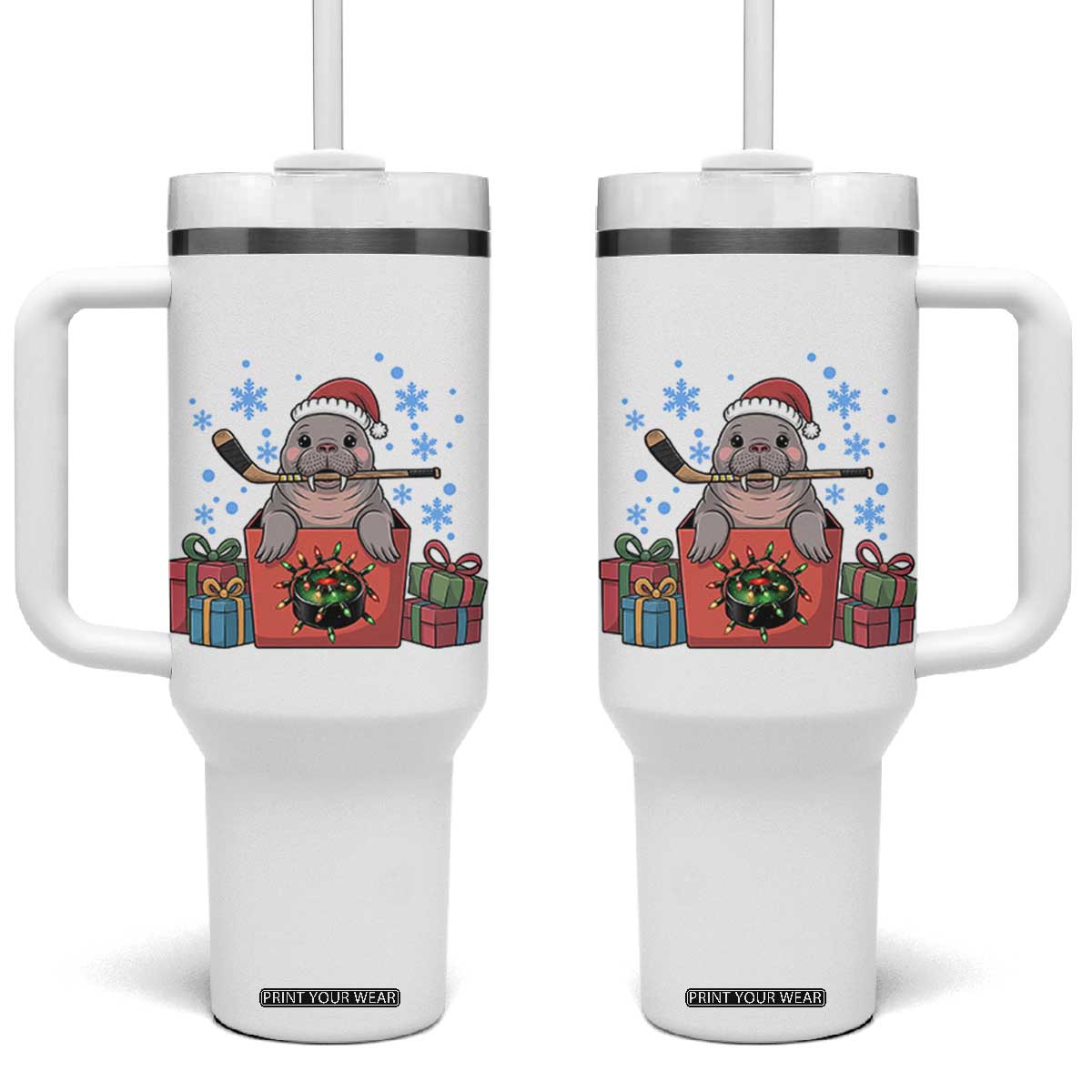 Santa Seal Playing Ice Hockey Tumbler With Handle Funny Christmas Gift TS12 One Size: 40 oz White Print Your Wear
