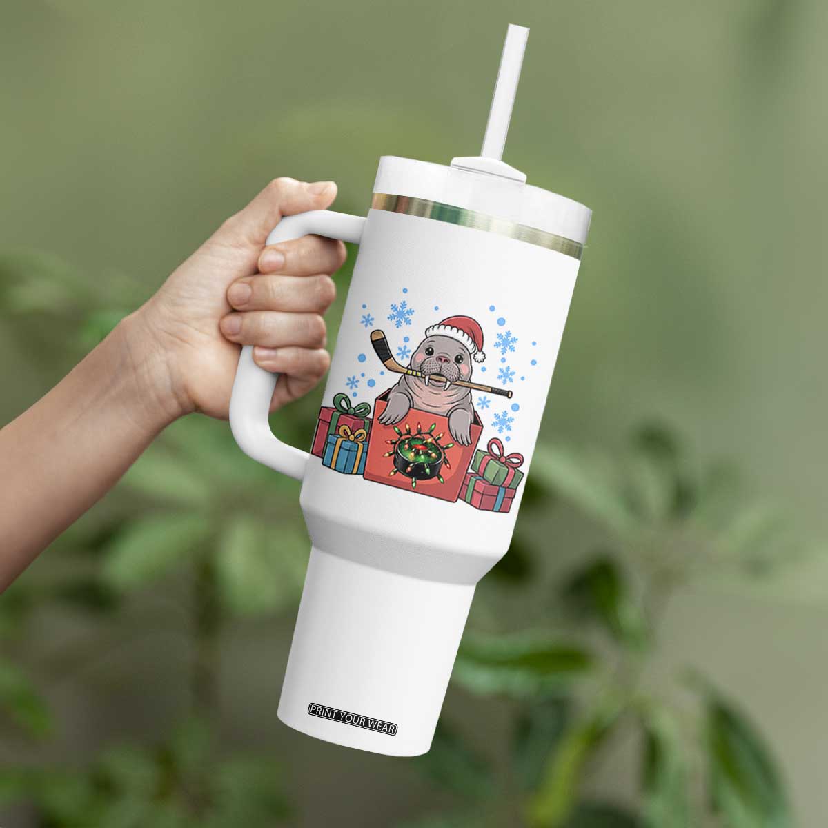 Santa Seal Playing Ice Hockey Tumbler With Handle Funny Christmas Gift TS12 Print Your Wear