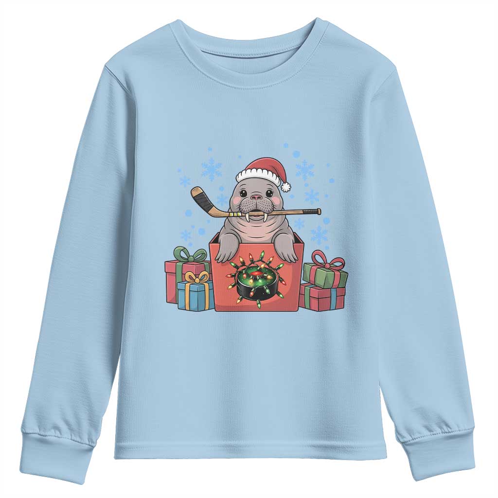 Santa Seal Playing Ice Hockey Youth Sweatshirt Funny Christmas Gift TS12 Light Blue Print Your Wear