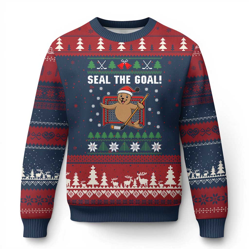 Funny Seal The Goal Ugly Christmas Sweater Goalie Ice Hockey Player Gift TS12 Navy Red Print Your Wear