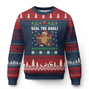 Funny Seal The Goal Ugly Christmas Sweater Goalie Ice Hockey Player Gift TS12 Navy Red Print Your Wear