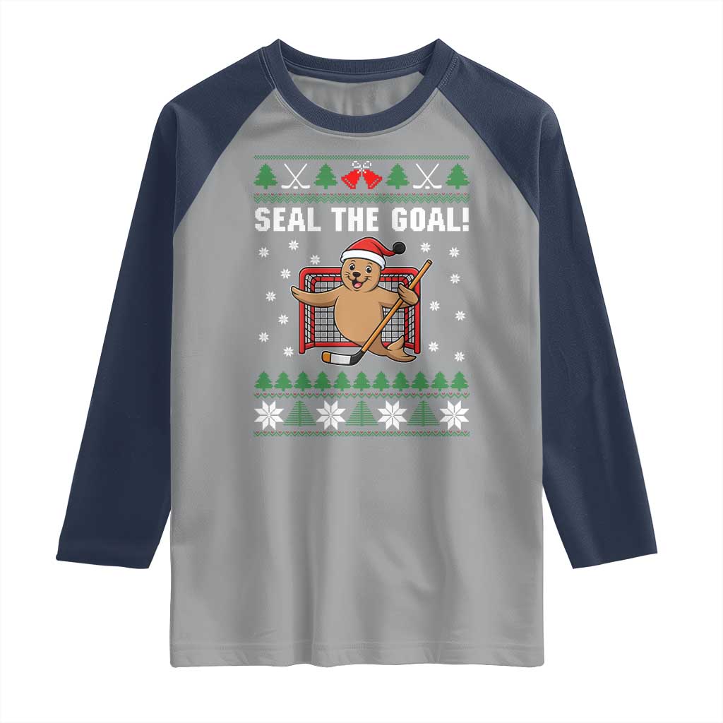 Funny Seal The Goal Raglan Shirt Goalie Ice Hockey Player Gift TS12 Sport Gray Navy Print Your Wear