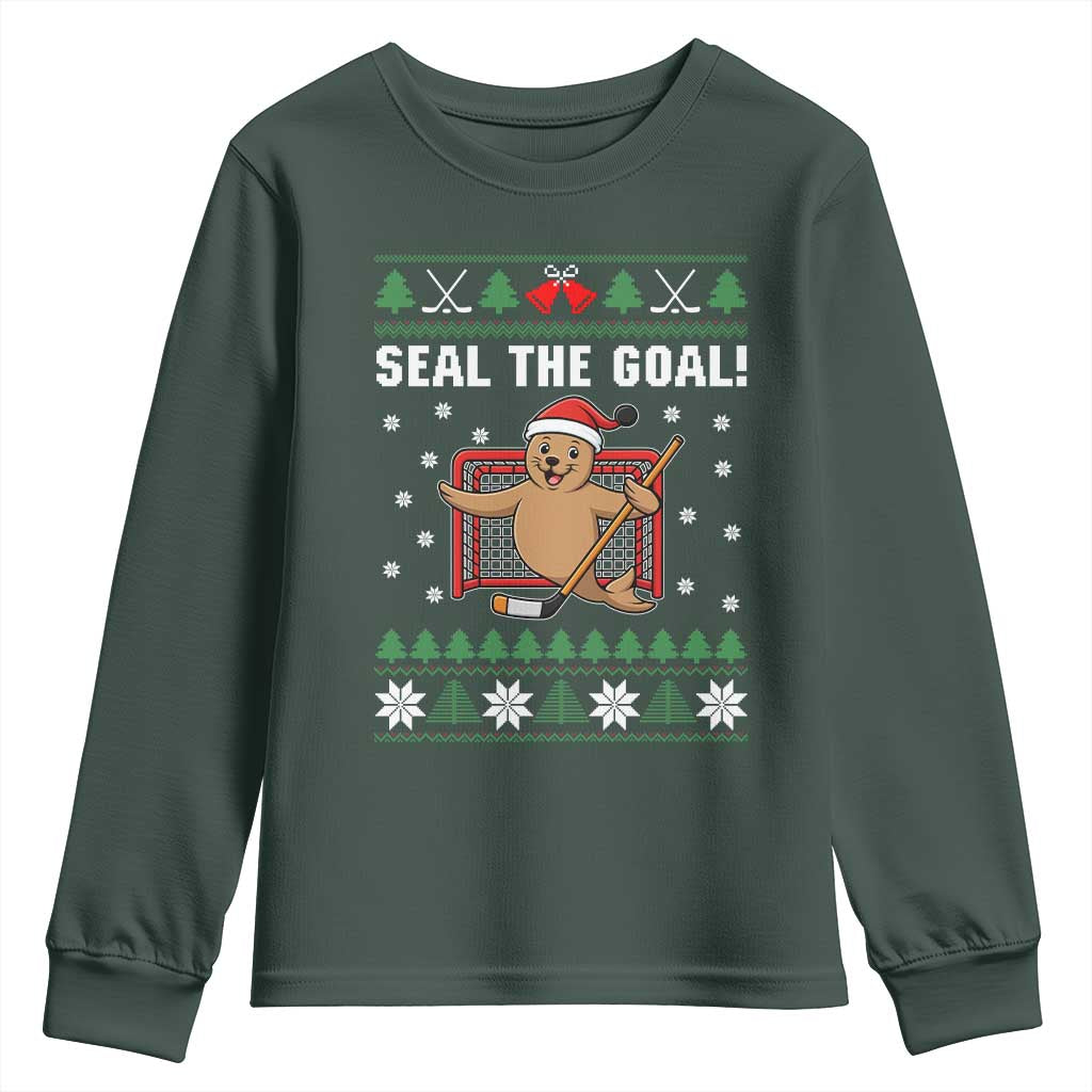 Funny Seal The Goal Youth Sweatshirt Goalie Ice Hockey Player Gift TS12 Dark Forest Green Print Your Wear