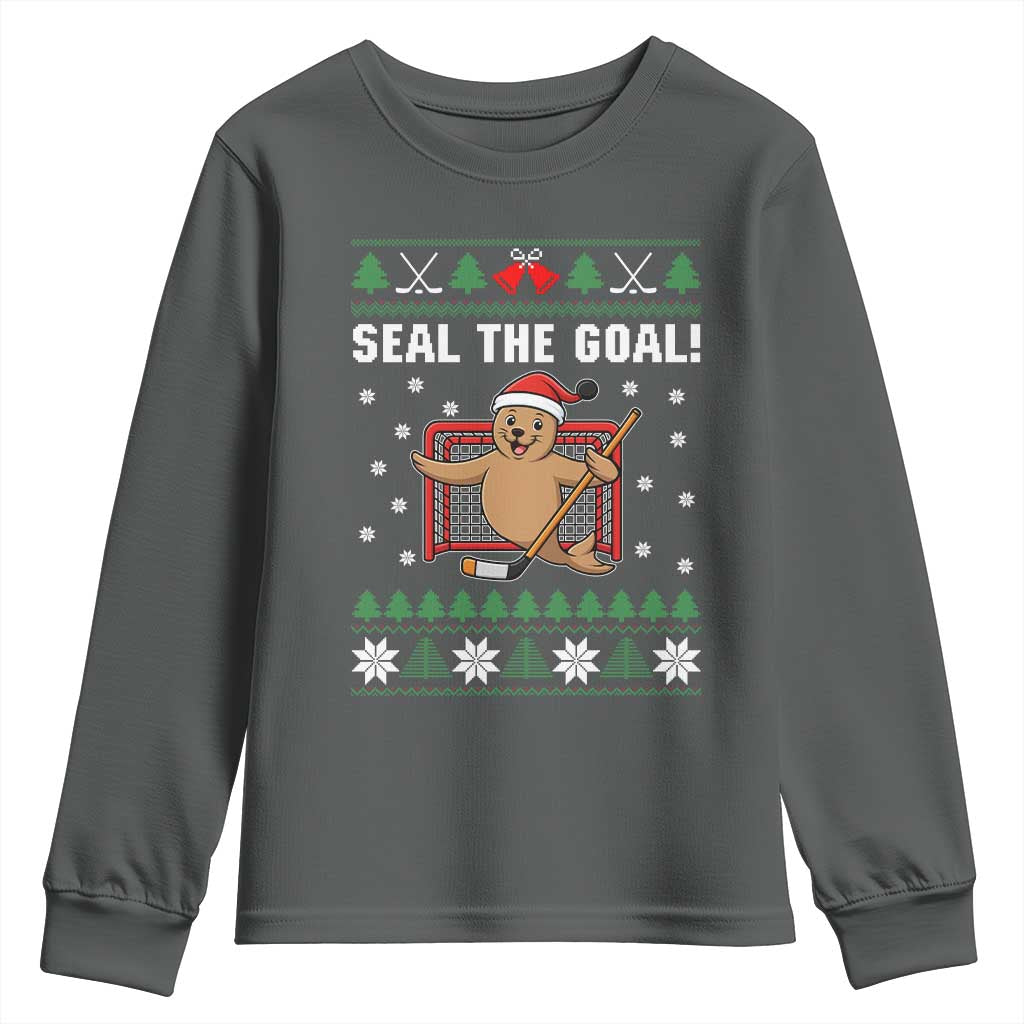 Funny Seal The Goal Youth Sweatshirt Goalie Ice Hockey Player Gift TS12 Dark Heather Print Your Wear