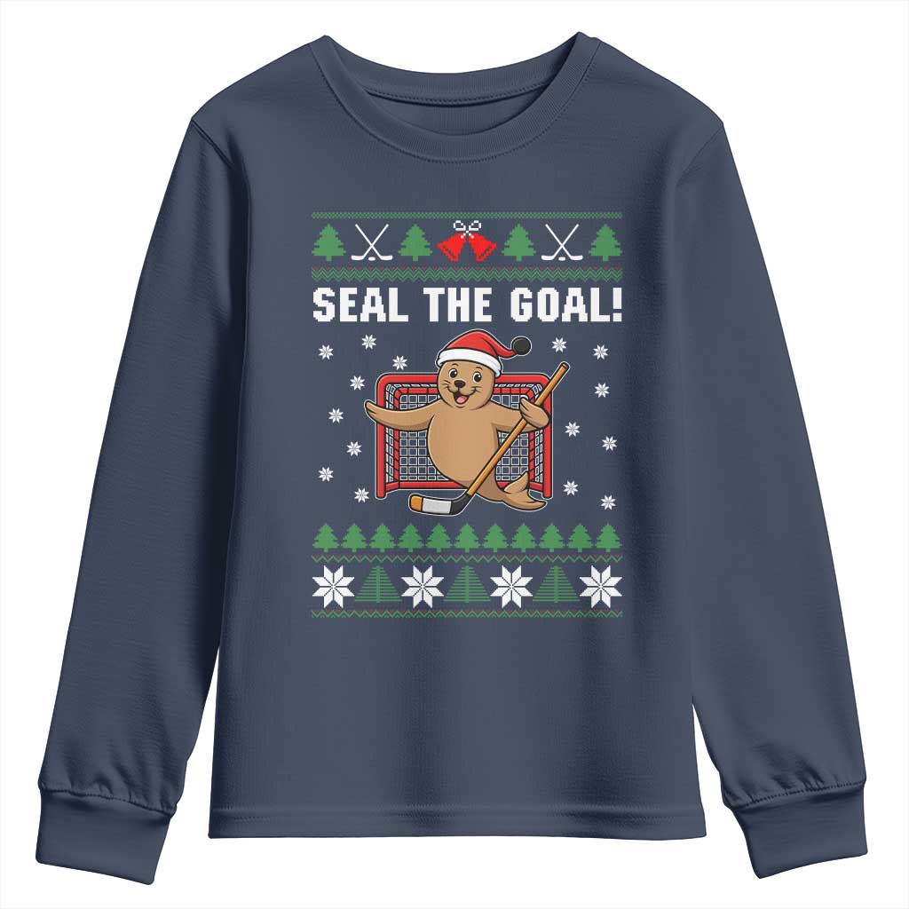 Funny Seal The Goal Youth Sweatshirt Goalie Ice Hockey Player Gift TS12 Navy Print Your Wear