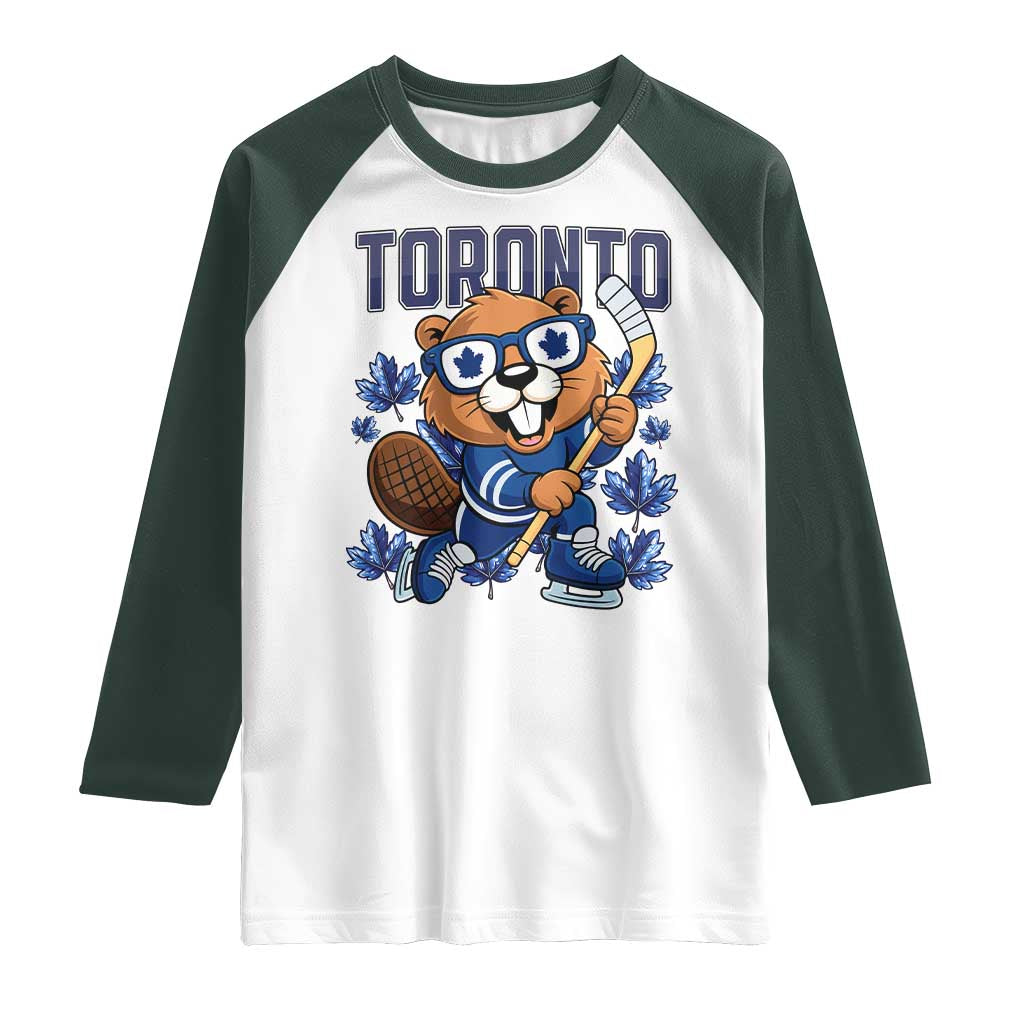Toronto Ice Hockey Beaver Raglan Shirt Canadian Pride Gift TS12 White Dark Forest Green Print Your Wear