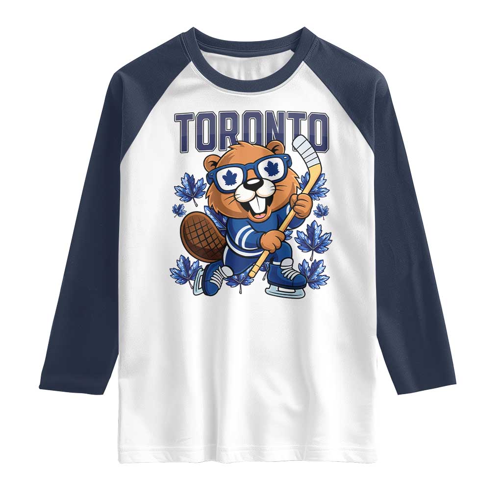 Toronto Ice Hockey Beaver Raglan Shirt Canadian Pride Gift TS12 White Navy Print Your Wear