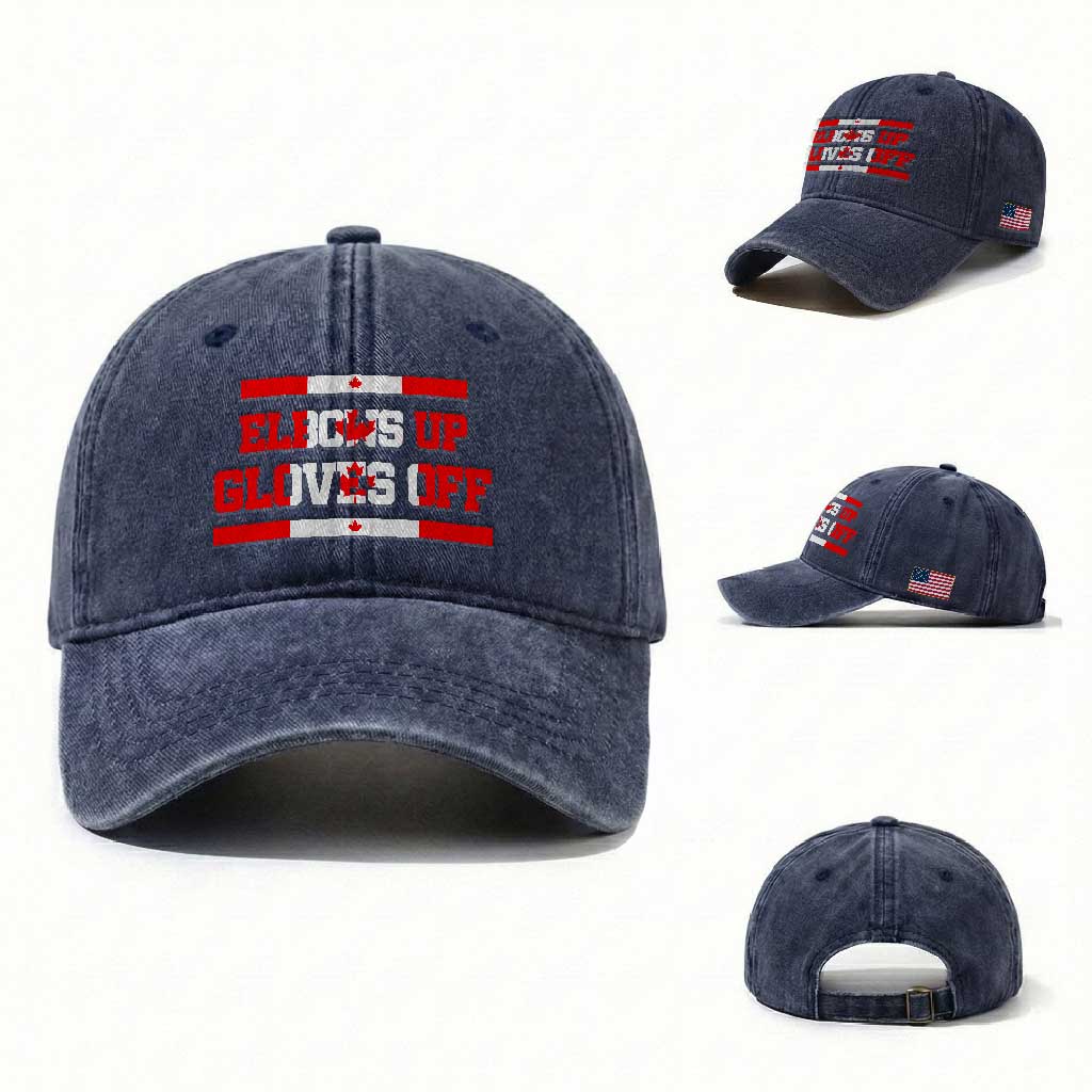 Elbows Up Gloves Off Washed Cotton Baseball Cap Canadian Ice Hockey Lover Gift TS12 Washed Cap Universal Fit Navy Print Your Wear