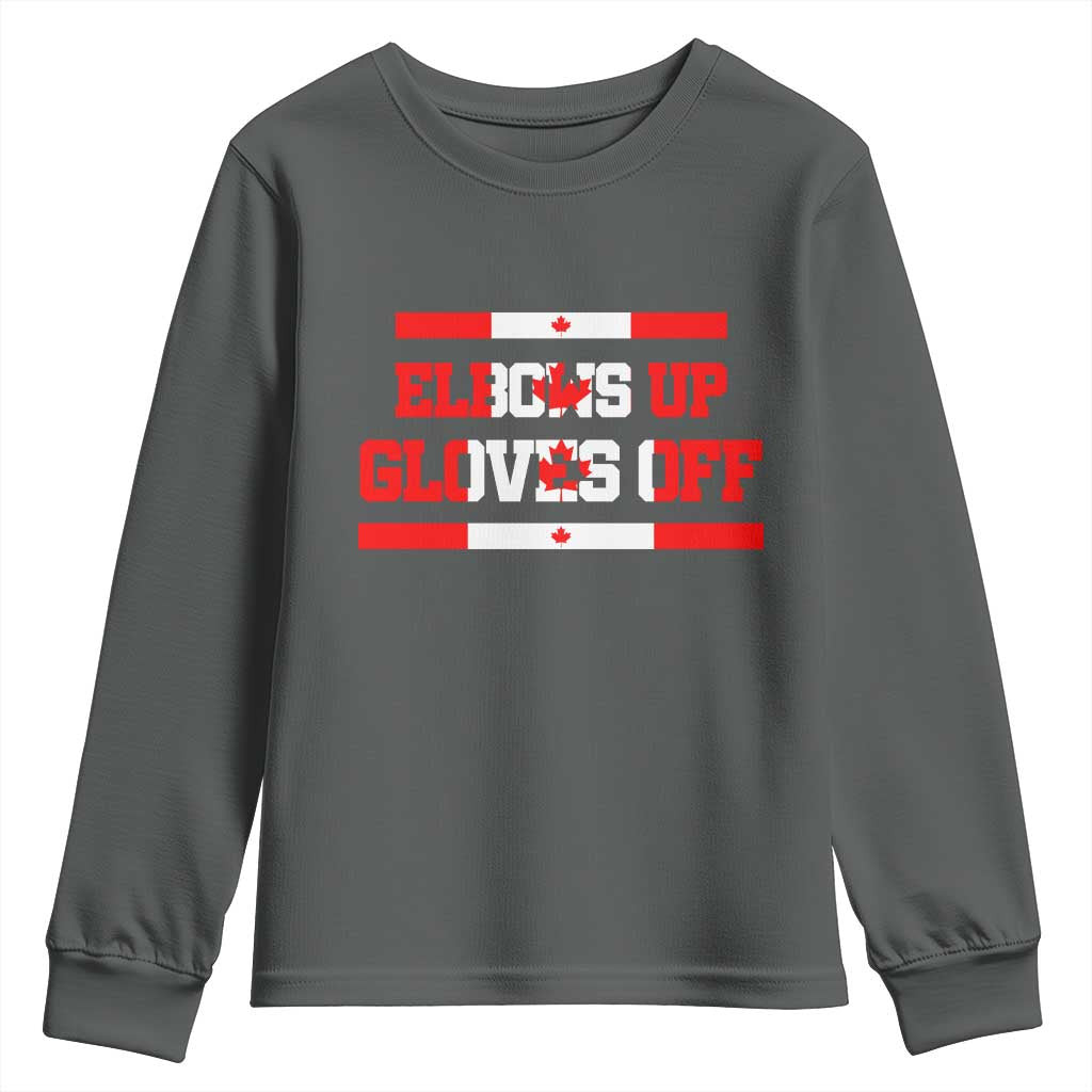 Elbows Up Gloves Off Youth Sweatshirt Canadian Ice Hockey Lover Gift TS12 Dark Heather Print Your Wear