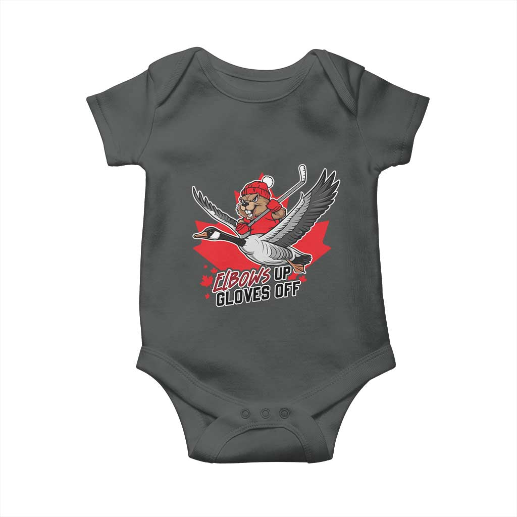 Elbows Up Gloves Off Baby Onesie Canadian Ice Hockey Beaver Gift TS12 Dark Heather Print Your Wear