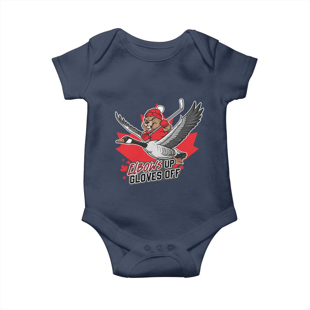 Elbows Up Gloves Off Baby Onesie Canadian Ice Hockey Beaver Gift TS12 Navy Print Your Wear