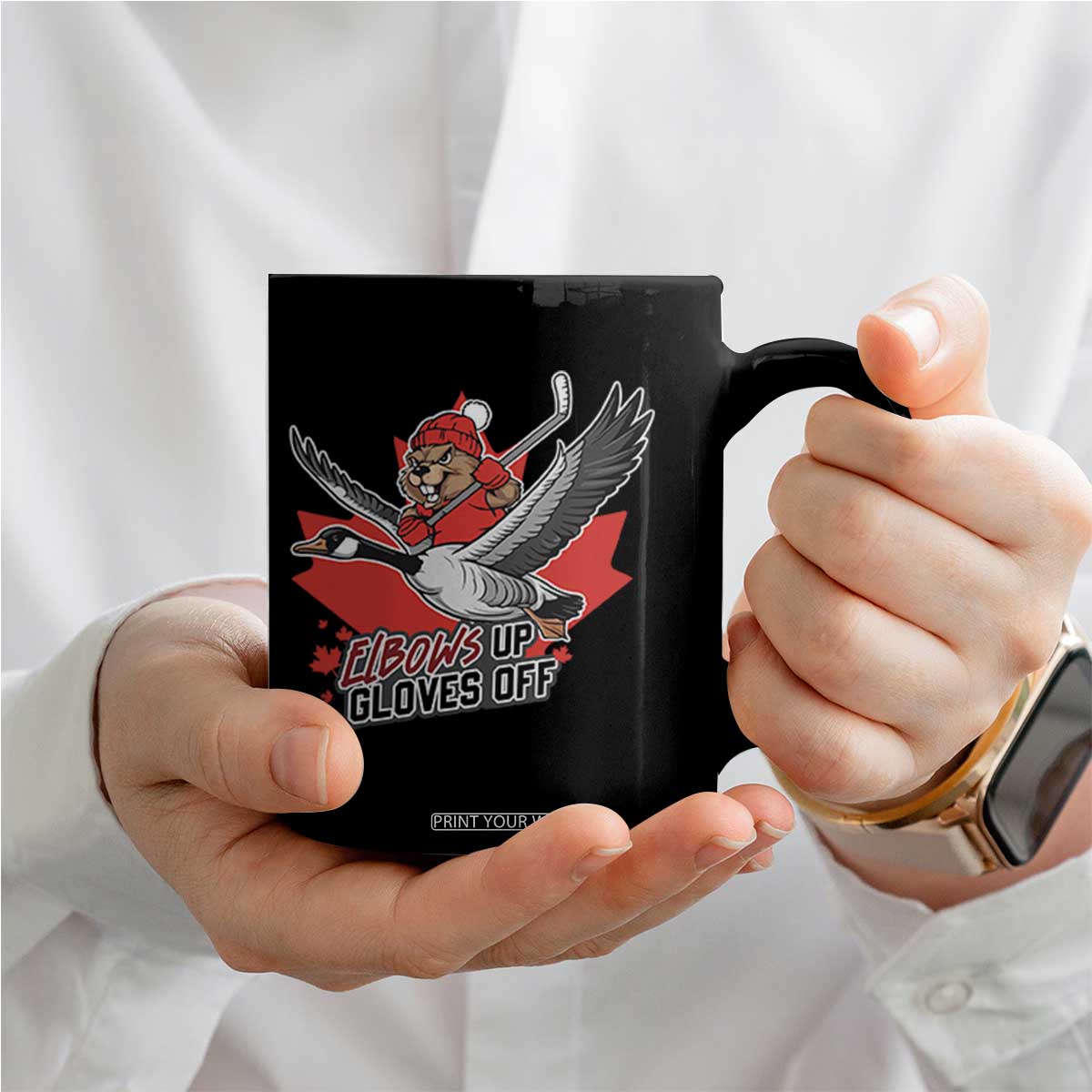 Elbows Up Gloves Off Coffee Mug Canadian Ice Hockey Beaver Gift TS12 Print Your Wear