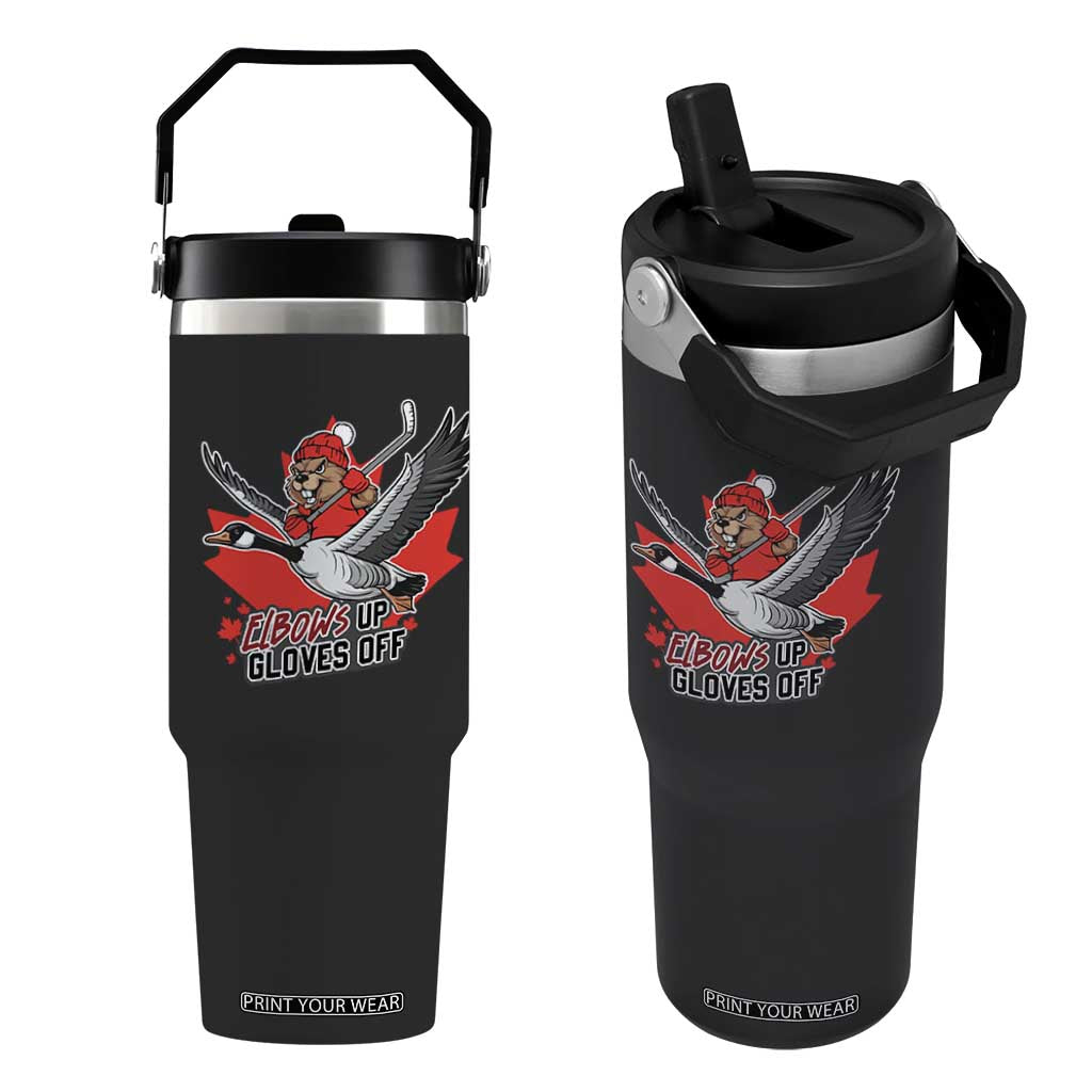 Elbows Up Gloves Off Flip Straw Tumbler Canadian Ice Hockey Beaver Gift TS12 One Size: 30 oz Black Print Your Wear