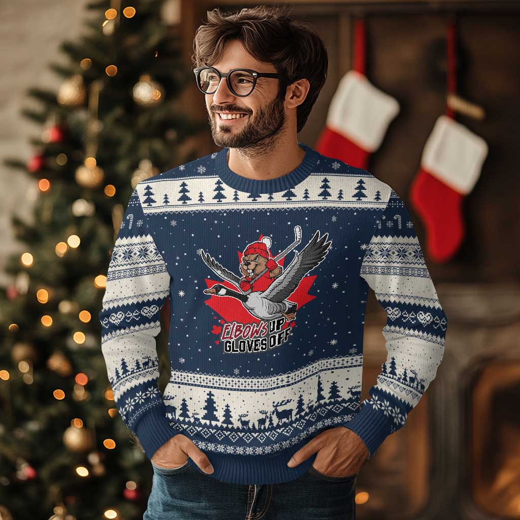 Elbows Up Gloves Off Ugly Christmas Sweater Canadian Ice Hockey Beaver Gift TS12 Navy Beige Print Your Wear