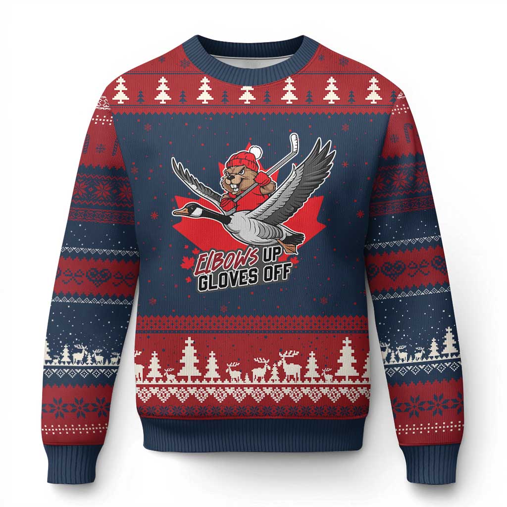 Elbows Up Gloves Off Ugly Christmas Sweater Canadian Ice Hockey Beaver Gift TS12 Navy Red Print Your Wear