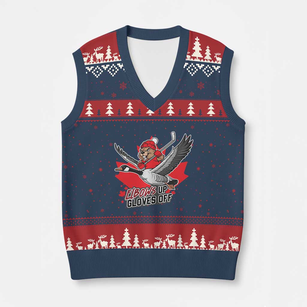 Elbows Up Gloves Off V-Neck Knit Sweater Vest Canadian Ice Hockey Beaver Gift TS12 Navy Red Print Your Wear