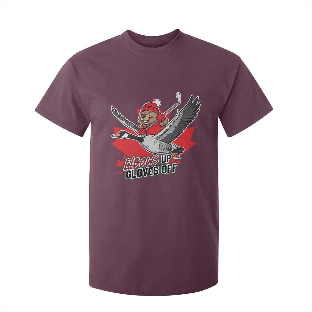 Elbows Up Gloves Off T Shirt For Kid Canadian Ice Hockey Beaver Gift TS12 Maroon Print Your Wear