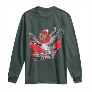 Elbows Up Gloves Off Long Sleeve Shirt Canadian Ice Hockey Beaver Gift TS12 Dark Forest Green Print Your Wear