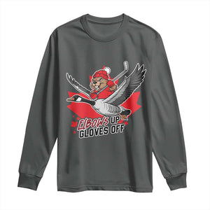 Elbows Up Gloves Off Long Sleeve Shirt Canadian Ice Hockey Beaver Gift TS12 Dark Heather Print Your Wear