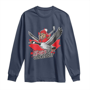 Elbows Up Gloves Off Long Sleeve Shirt Canadian Ice Hockey Beaver Gift TS12 Navy Print Your Wear