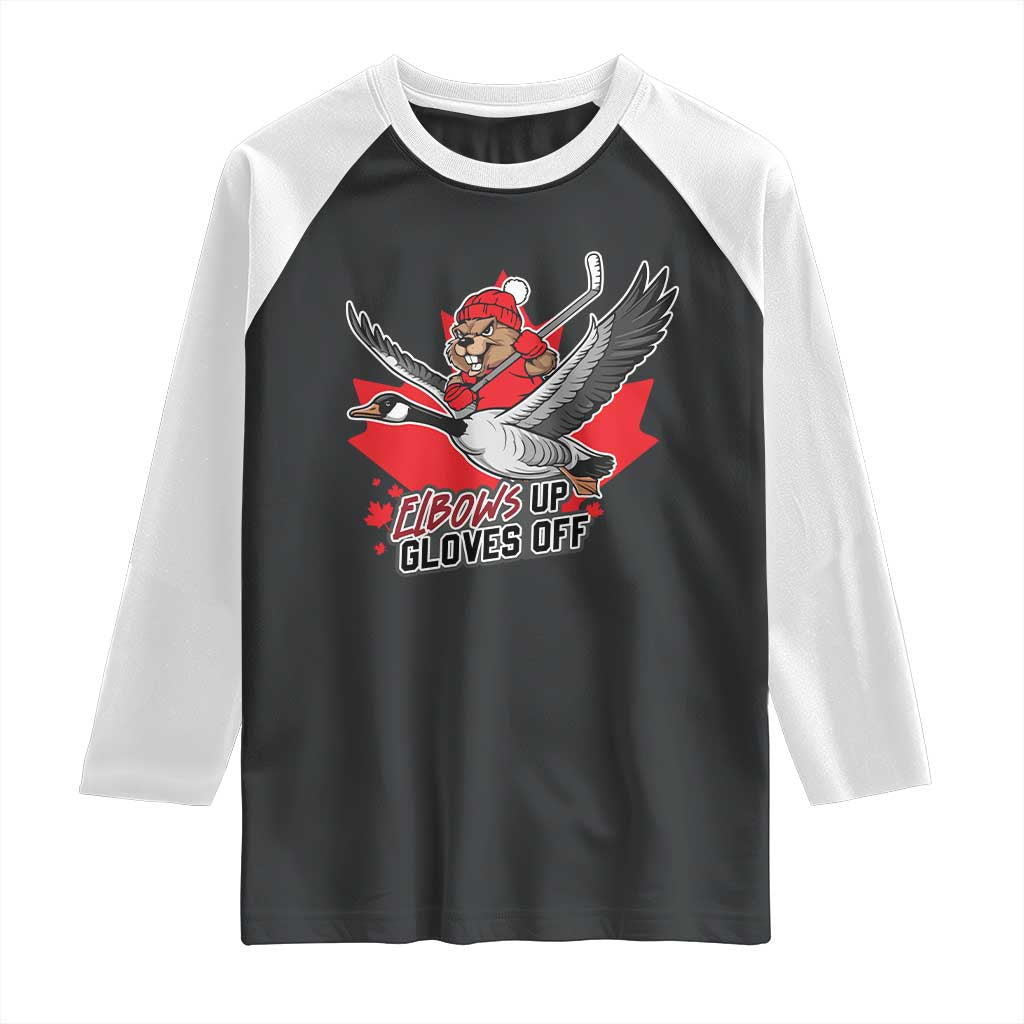 Elbows Up Gloves Off Raglan Shirt Canadian Ice Hockey Beaver Gift TS12 Black White Print Your Wear