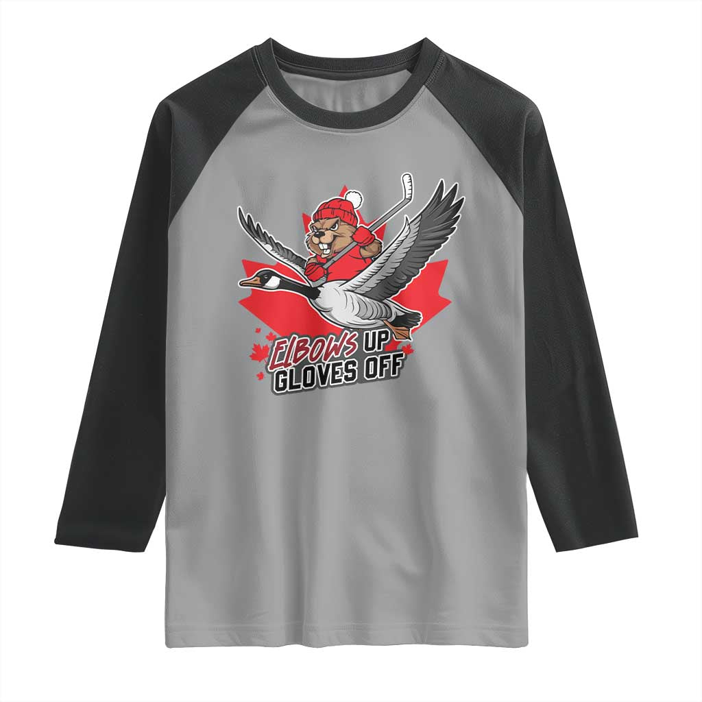 Elbows Up Gloves Off Raglan Shirt Canadian Ice Hockey Beaver Gift TS12 Sport Gray Black Print Your Wear