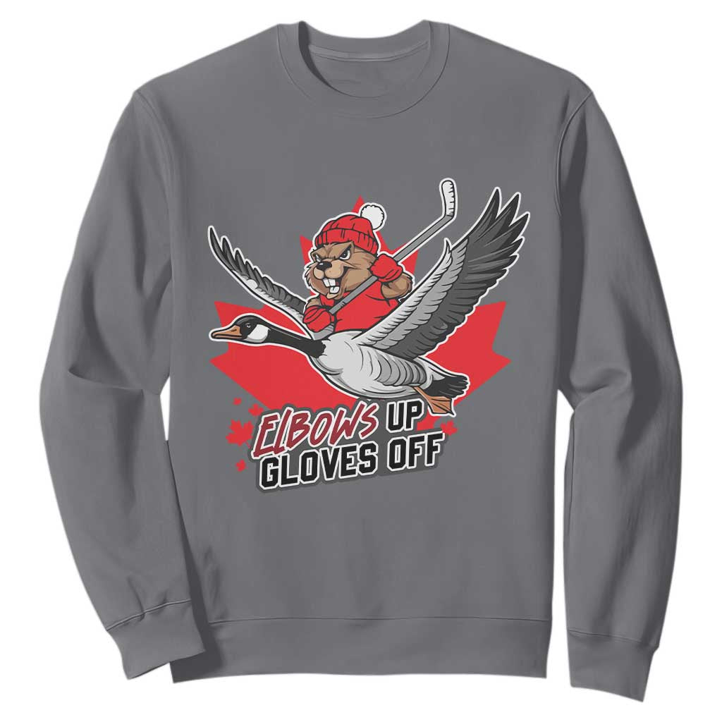 Elbows Up Gloves Off Sweatshirt Canadian Ice Hockey Beaver Gift TS12 Charcoal Print Your Wear